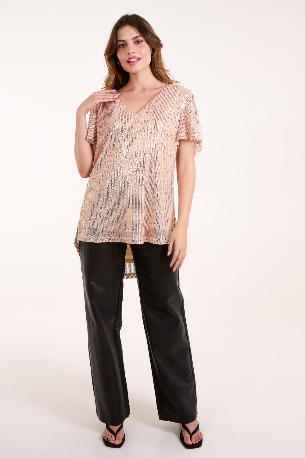 Blue Vanilla Angel Sleeve V Neck Sequin Top