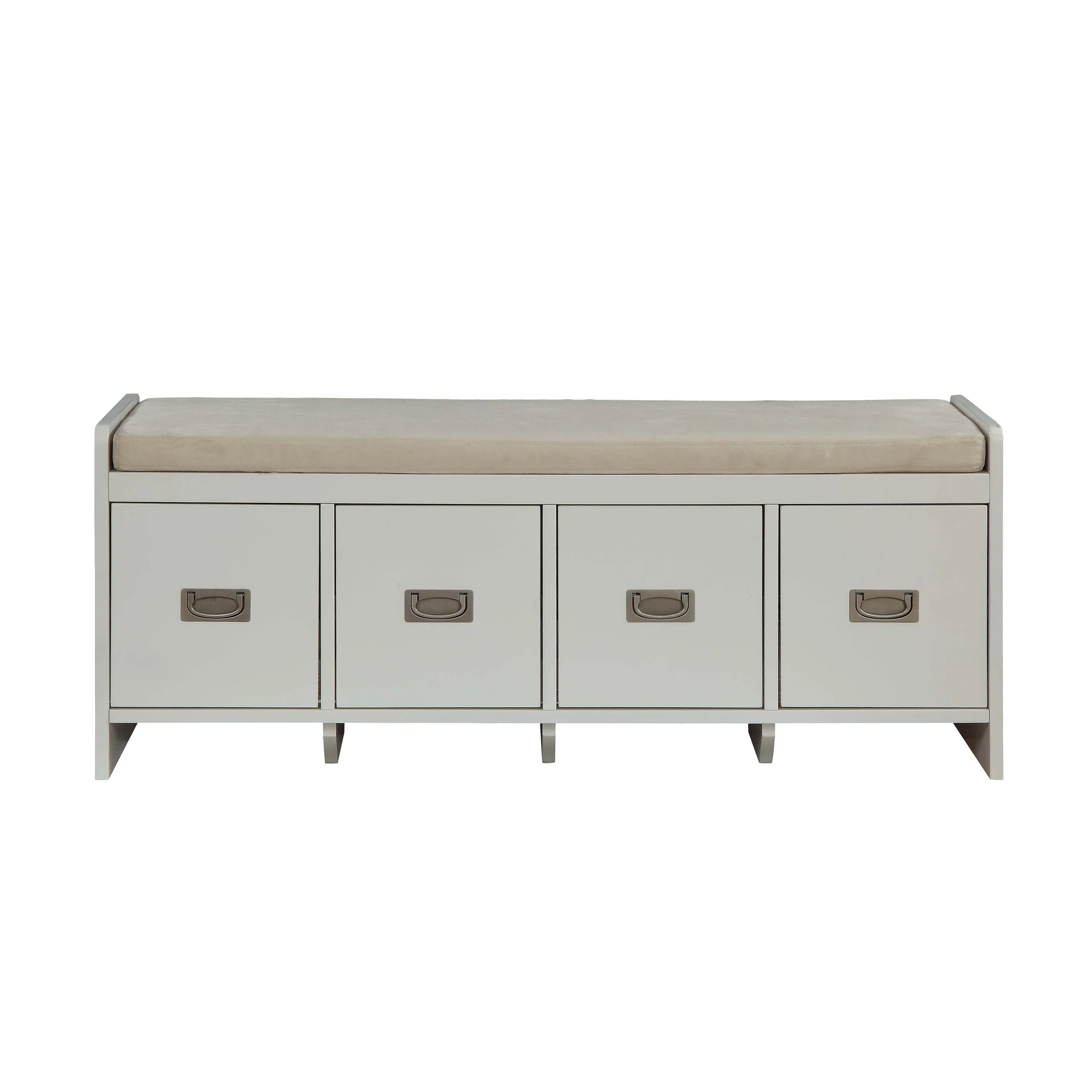 Beige Fabric and White Finish Bench W/Storage