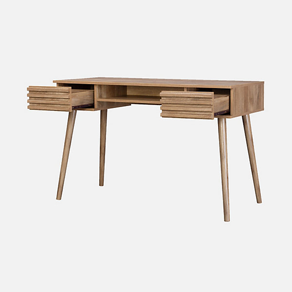 Bureau décor bois 2 tiroirs MADERE naturel. 1 casier. façade rainurées. 120 x 55 x 76.5 cm