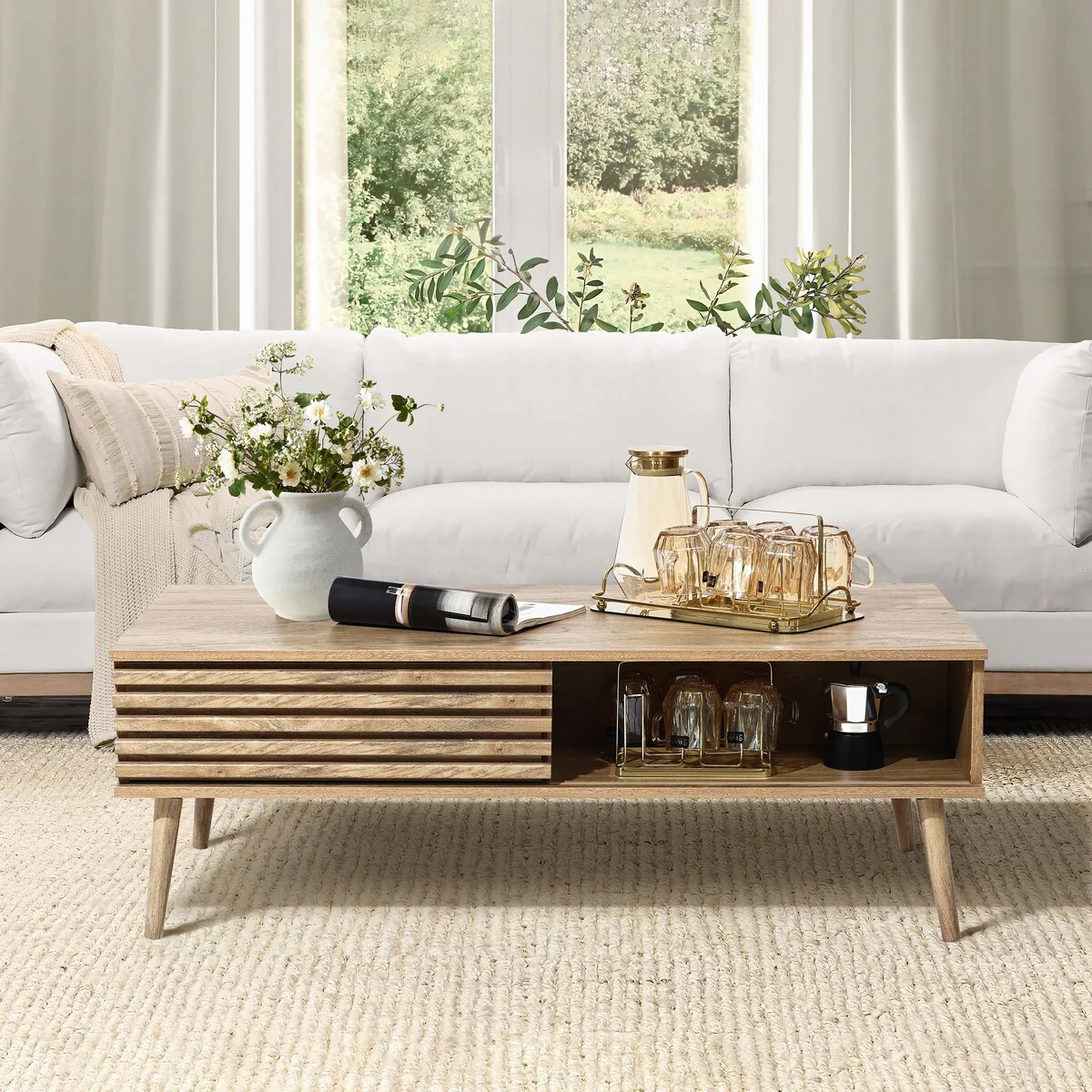 Mid-Century Modern Rectangular Coffee Table with Storage and Solid Wood Legs - 16.3 H x 46.9 W x 23.2 D