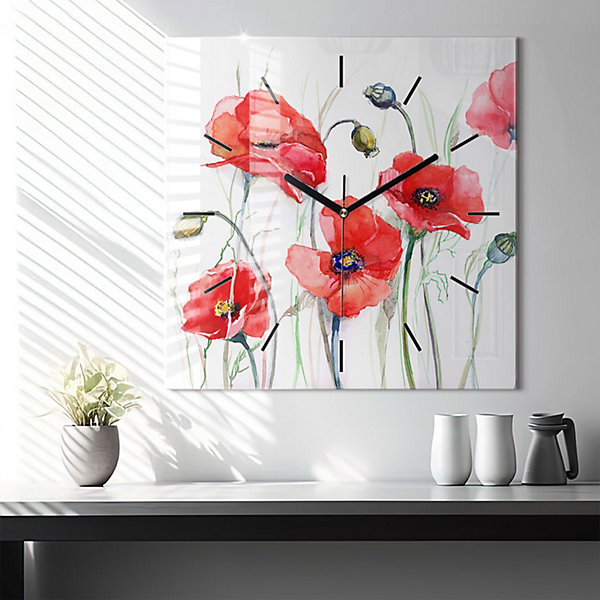 Horloge murale Wallfluent 60x60 cm Aiguilles noires Coquelicots rouges peints 1 pcs