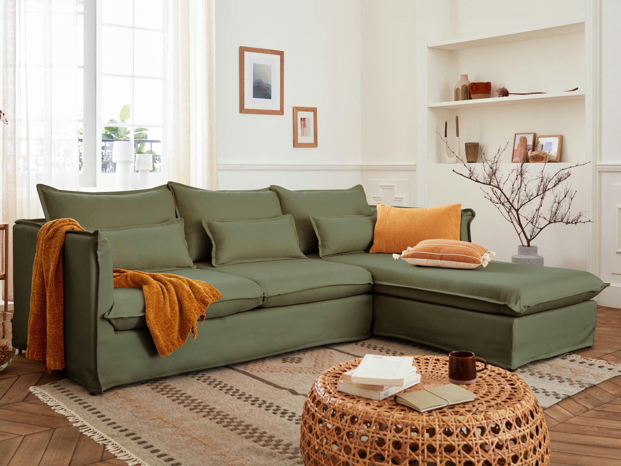 ADRIANN - Canapé d'angle droit 4 places en tissu vert