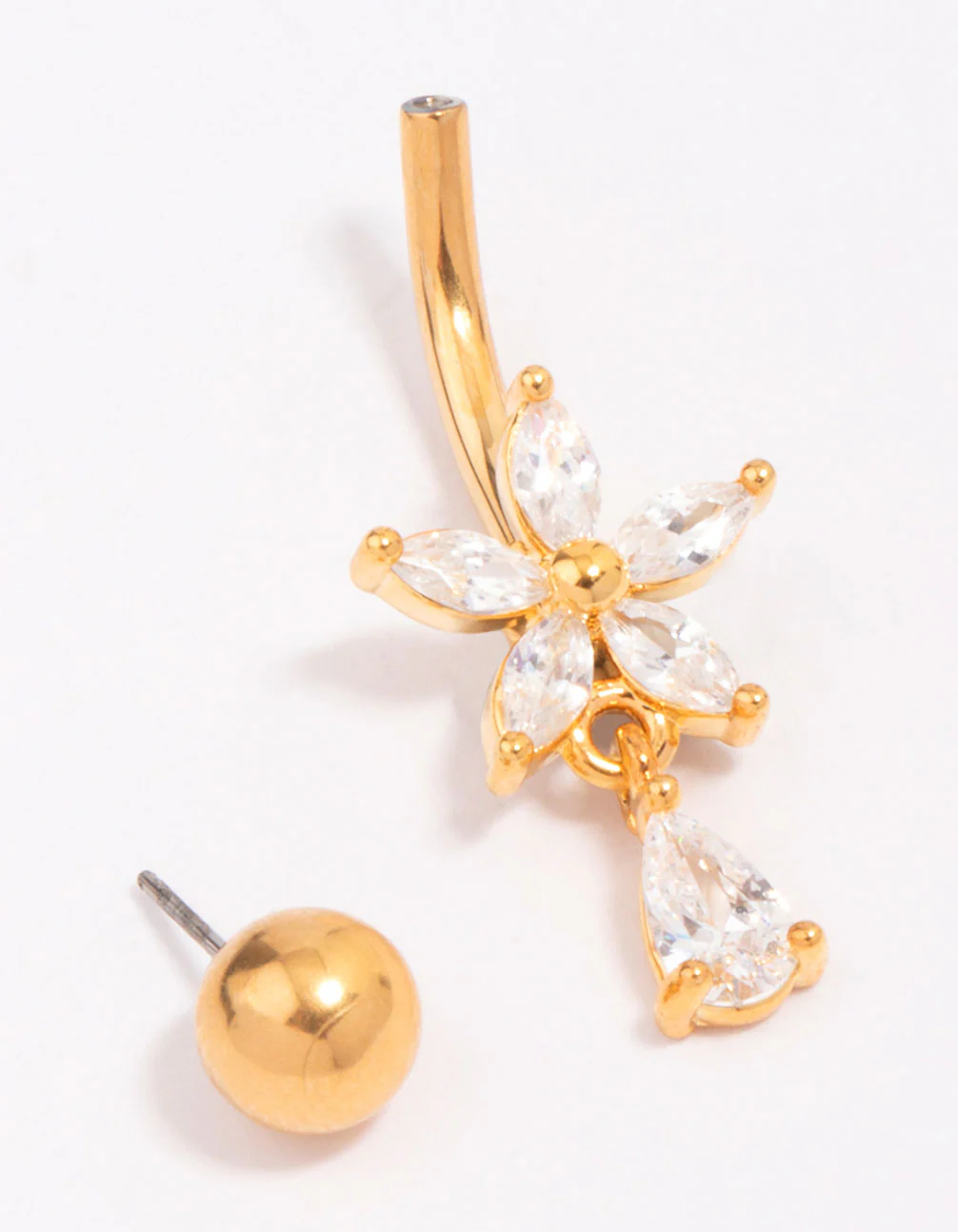 Gold Plated Titanium Cubic Zirconia Flower Pear Threadless Belly Bar