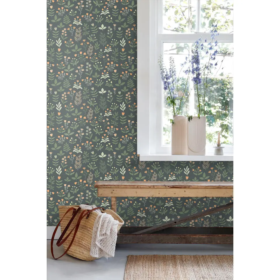 ESTAhome behang veldbloemen vergrijsd groen en oranje - 50 x 900 cm