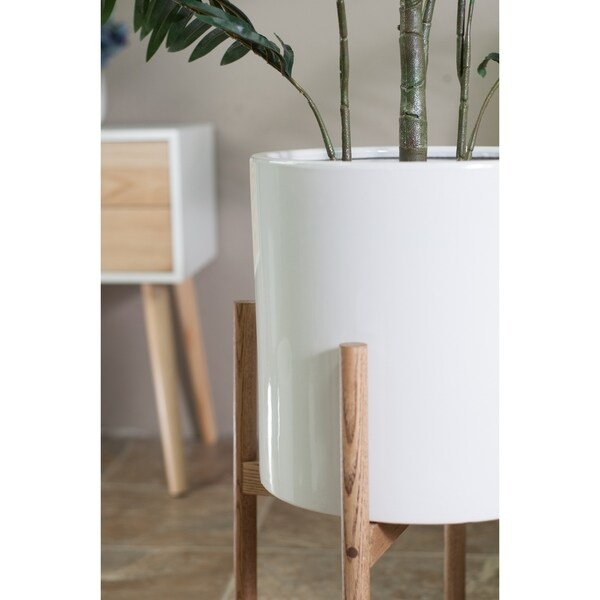 Mid-Century Modern Ceramic Planter White With Wood Stand 13 Special Walnut