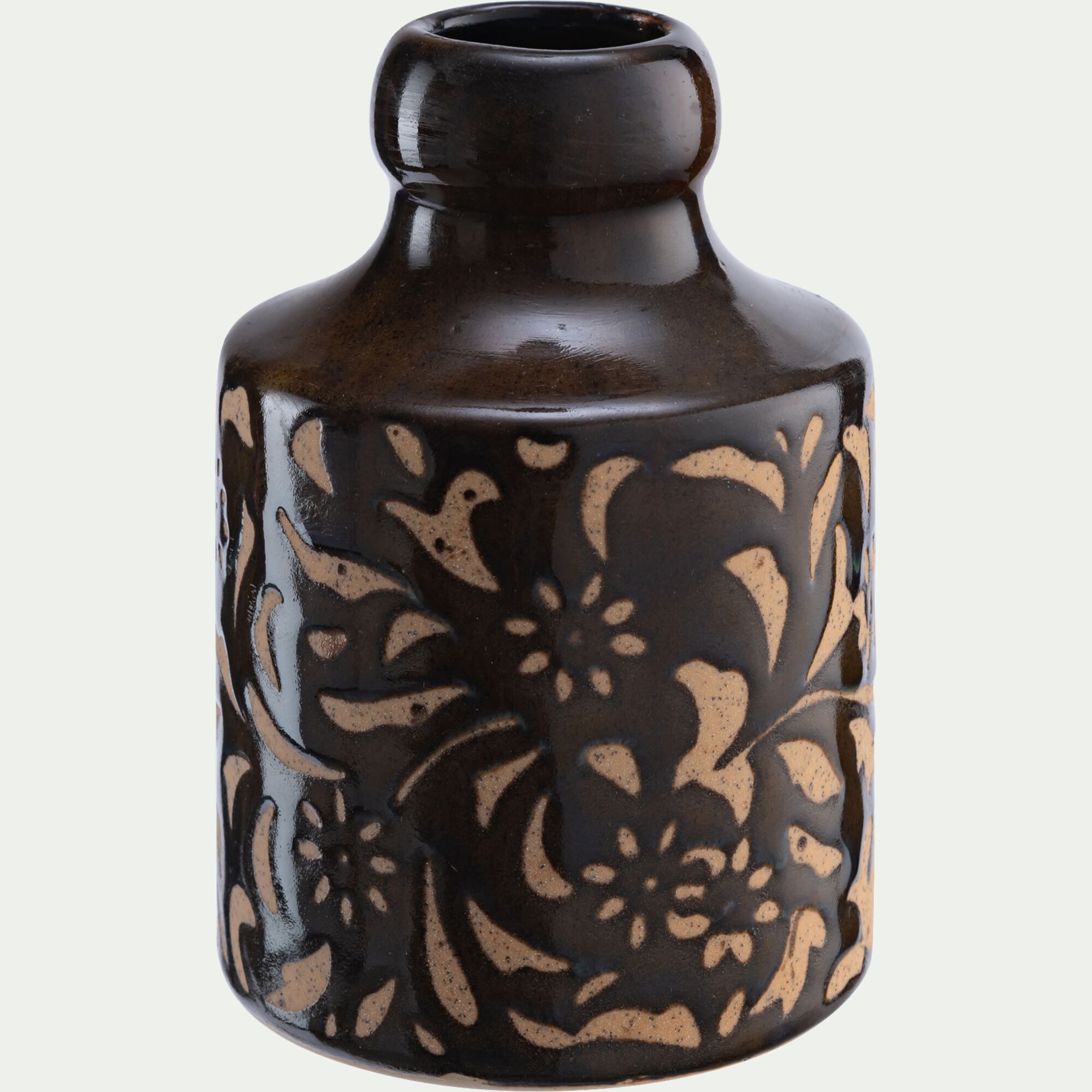 ARCENS - Vase en grès motif végétal H12cm - marron