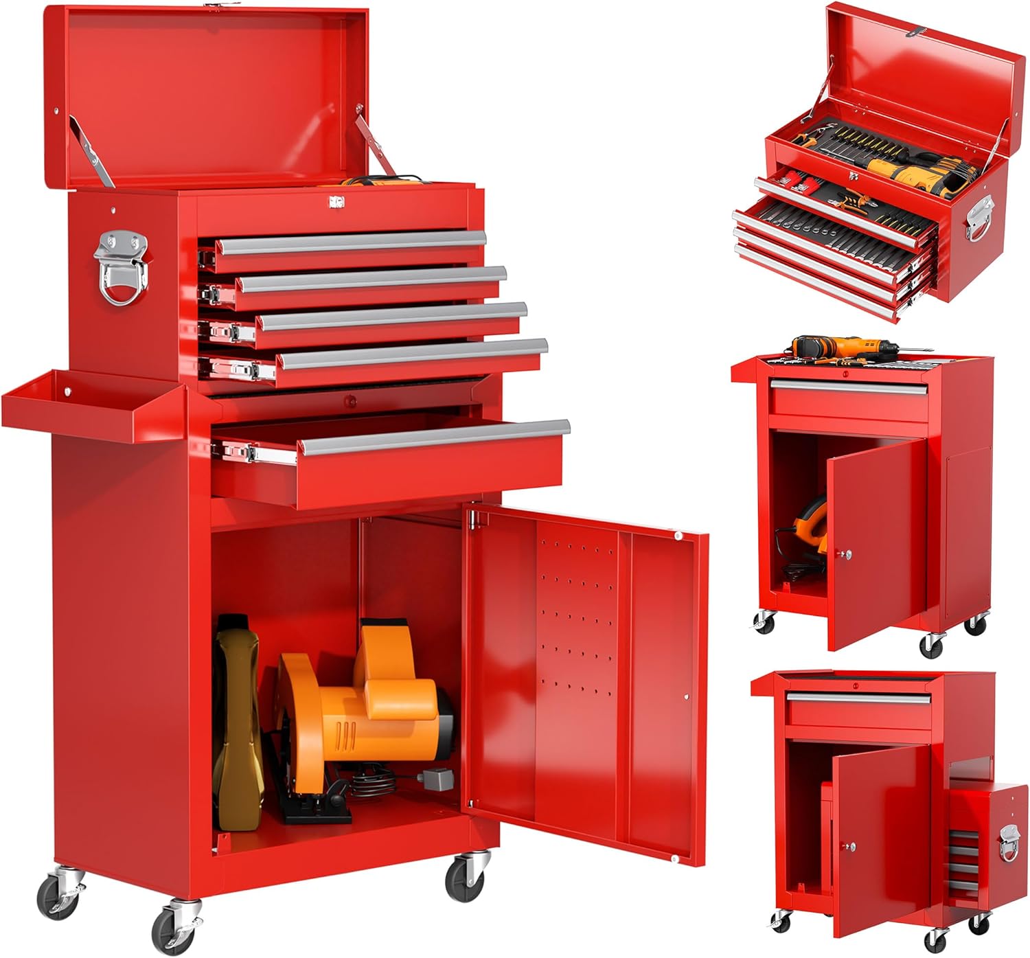INTERGREAT Tool Chest, 5 Drawers Rolling Tool Chest with Detachable Top Tool Box, Tool Chests with Universal Lockable Wheels, Metal Tool Cart for Garage, Workshop, Barbershop