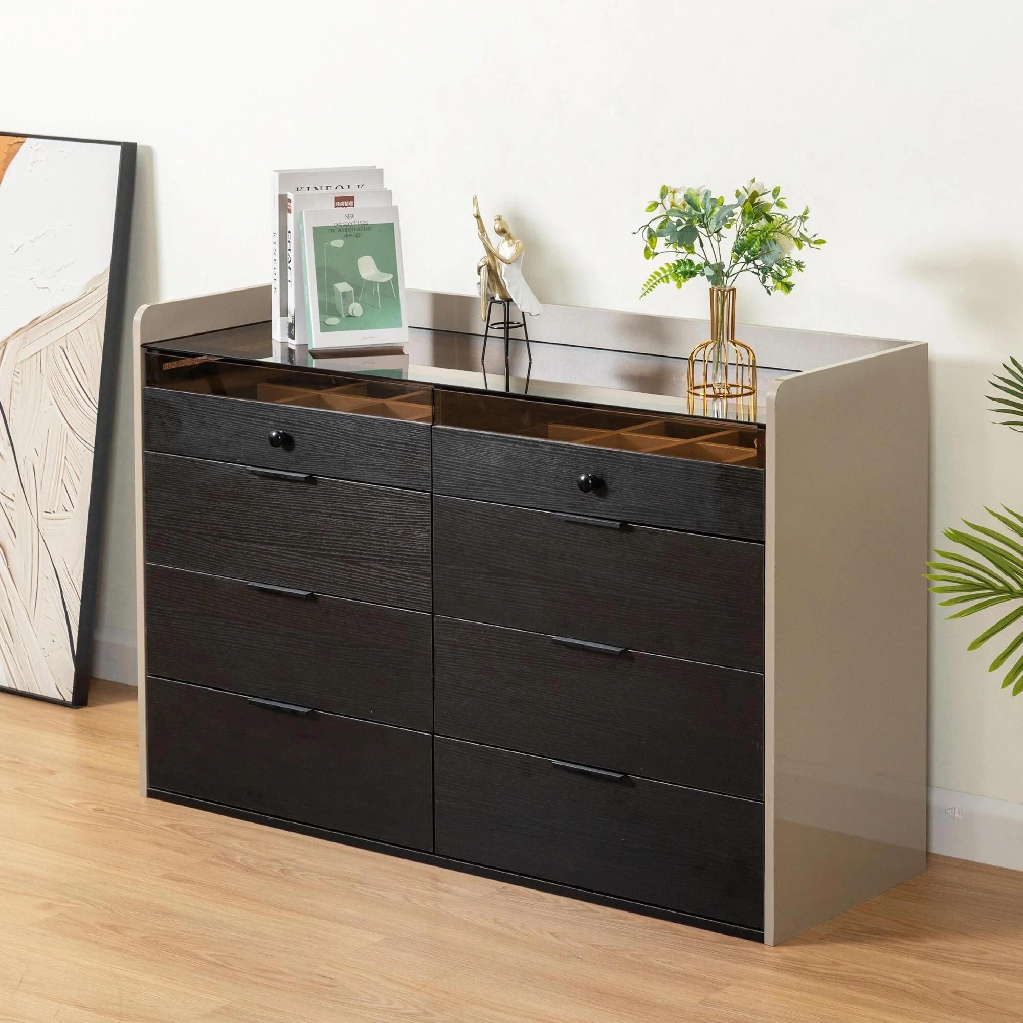 Bluetooth-Controlled 6-Drawer Dresser with Toughened Glass and Arc-Corner Design