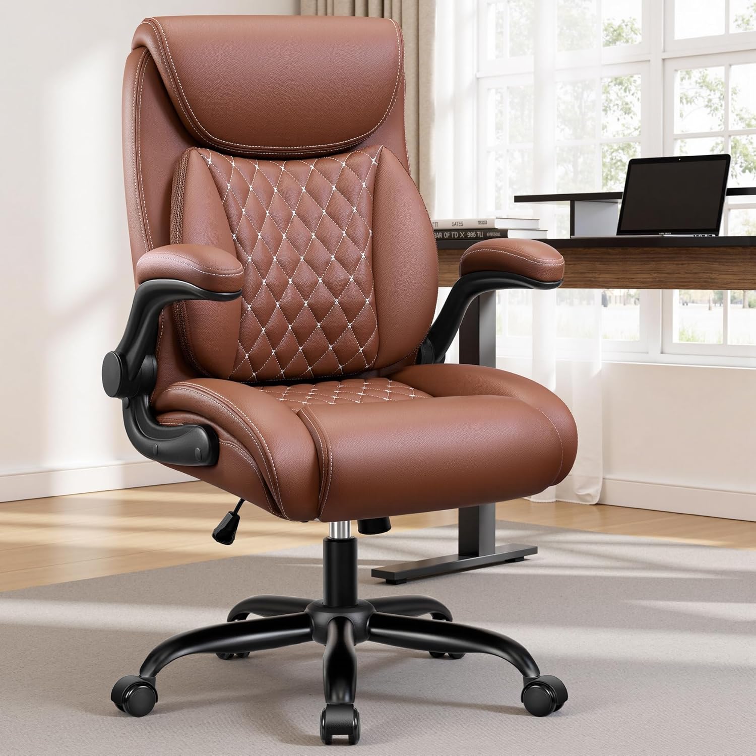 Office Chair, Ergonomic Desk Chair with Lumbar Support for Lower Back Pain Relief, Executive Leather Chair with Padded Flip-up Armrests and Wheels, Brown