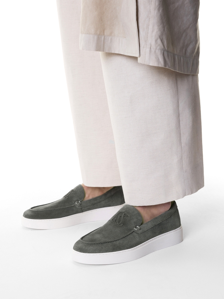 Grey suede shoes with slip-on upper with logos