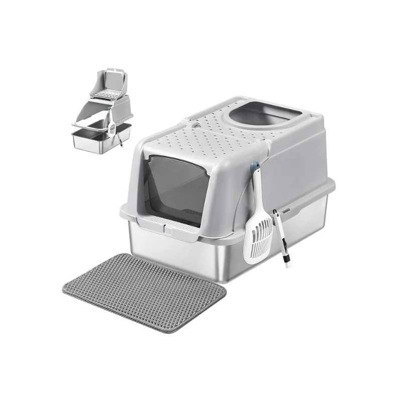 Bac à litière pour chat en acier inoxydable grande taille double entrée