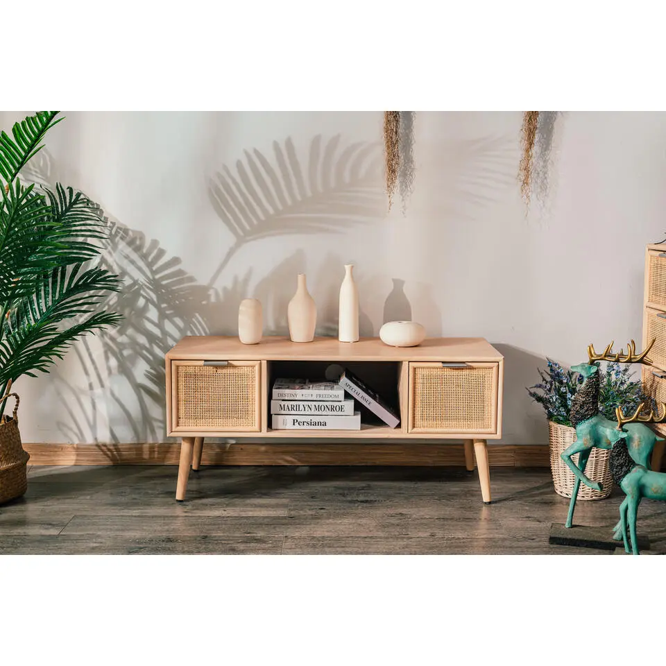 TV-meubel met 2 laden van hout en rotan