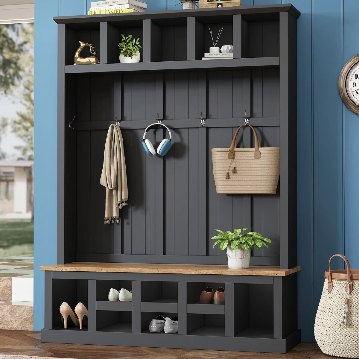 Farmhouse Style 78''H Modern Hall Tree with Wide Storage Seating Bench, Entryway Shoe Cabinet with 13 Compartments with 6 Hooks