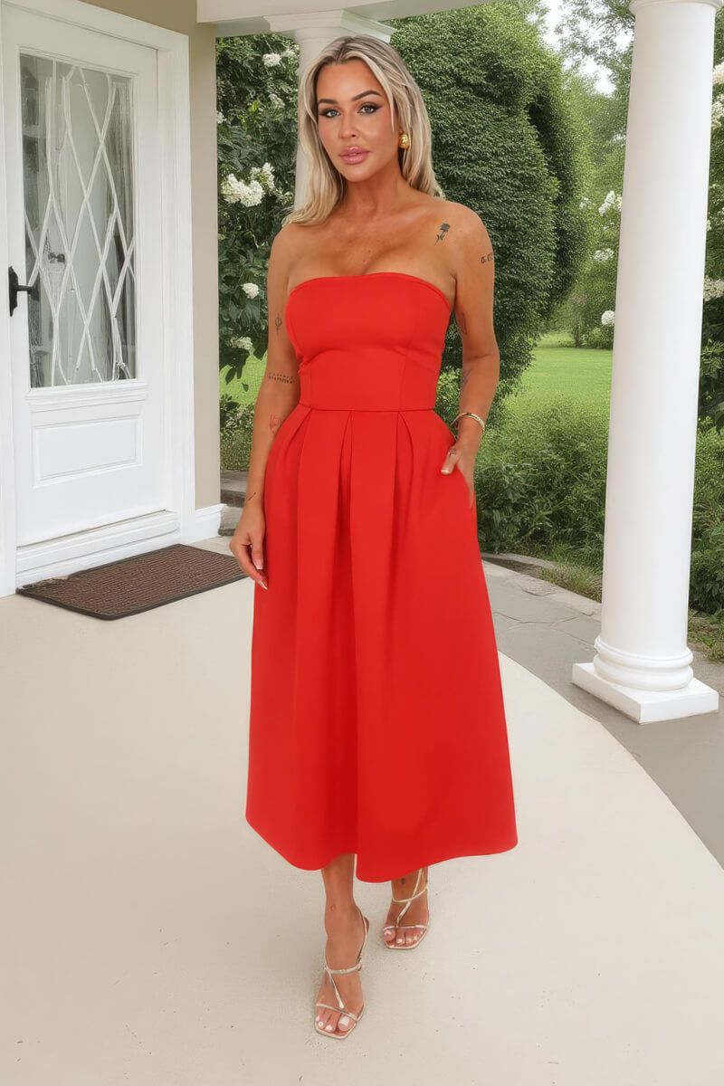 AX Paris Blood Orange Bandeau A-Line Skirt Midi Dress