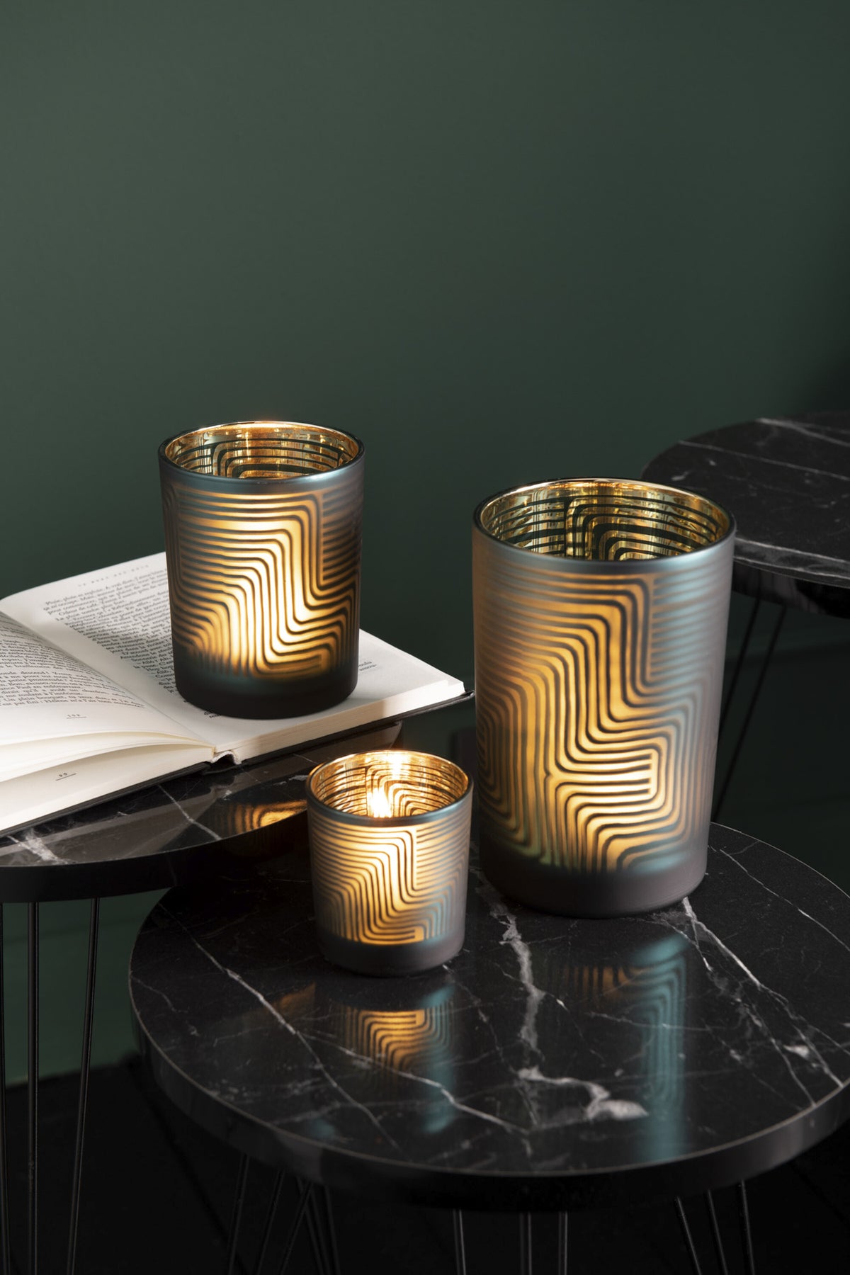 J-Line windlicht Zigzag - glas - groen - medium - 2 stuks