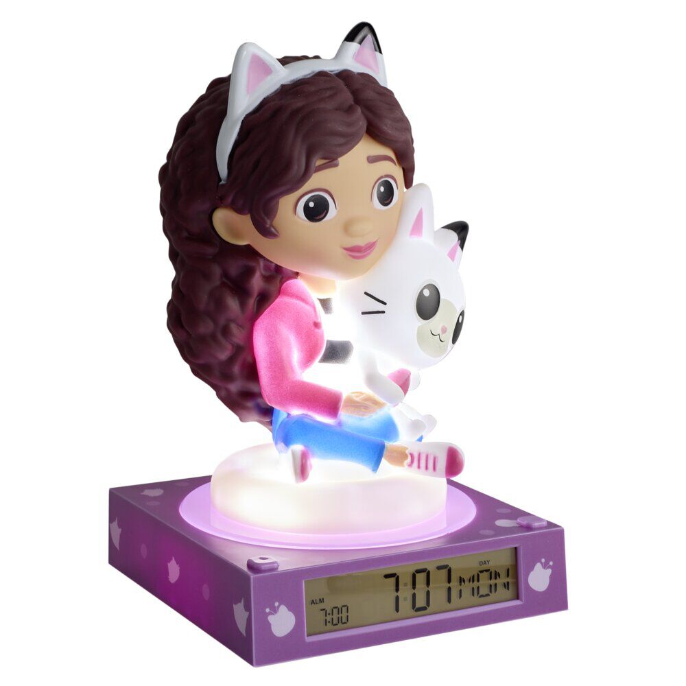 Lampe 3D réveil Gabby et son chat avec affichage date violet 13x13xH15cm