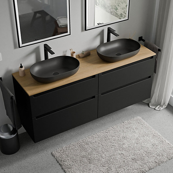 Meuble sous vasque suspendu MDF Noir mat, plan vasque Chêne miel, tiroirs pivotants - 160x46x62cm - VIREO