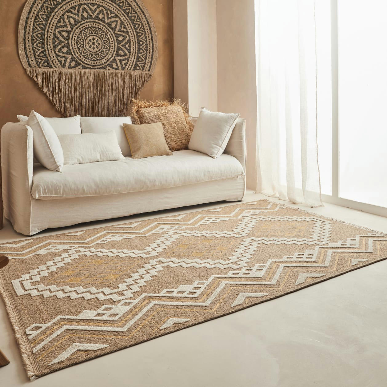 TULUM - Tapis intérieur et extérieur aspect jute ethnique jaune - 120x170
