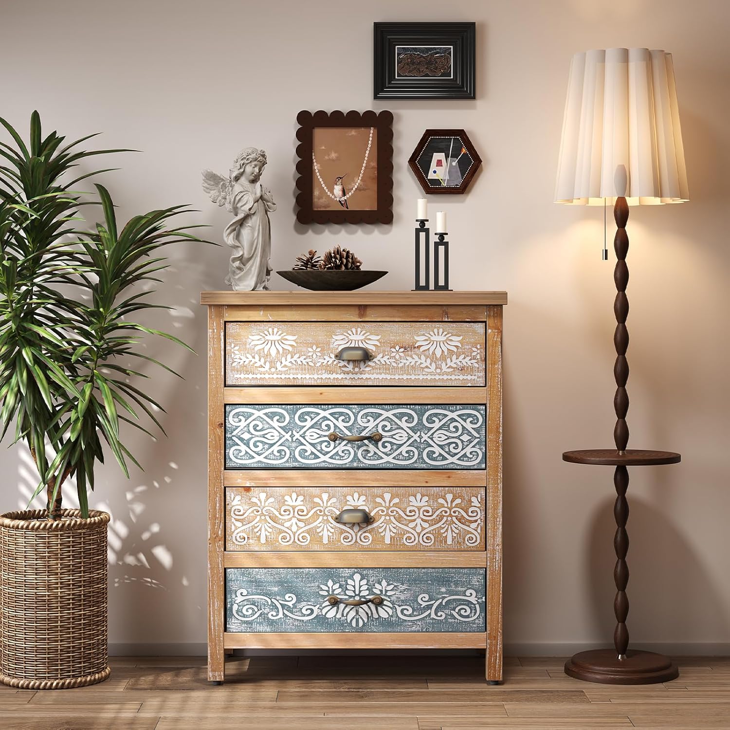 Boho Small Accent Cabinet with Hand-Painted Floral Drawers | Rustic Wood Storage Cabinet with 4 Drawers | Decorative Entryway Cabinet for Living Room, Dining Room, Kitchen | Solid Fir Wood Frame