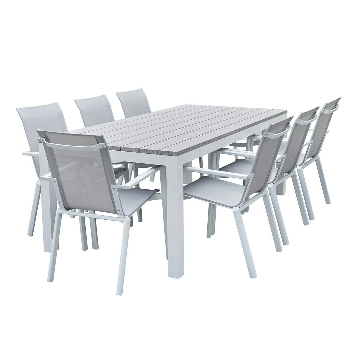 TAMPA - Salon de jardin aluminium blanc et textilène gris 8 pers.