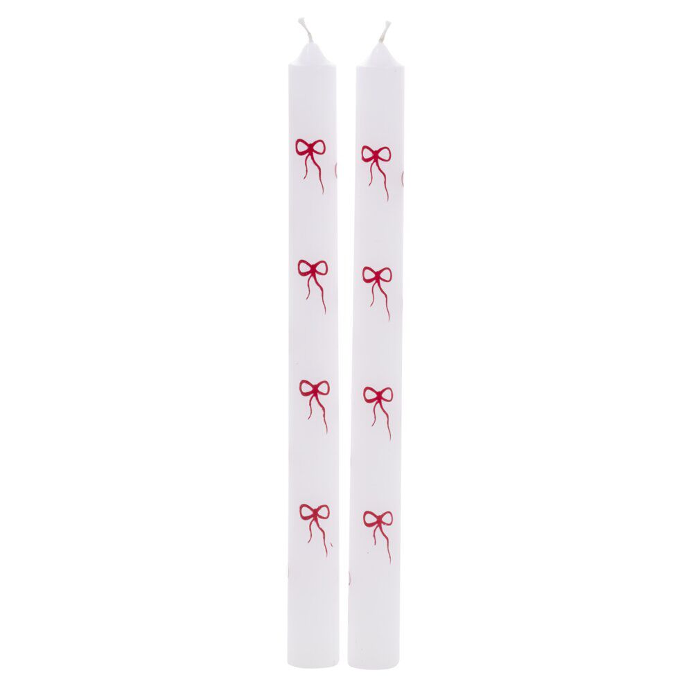 Bougie chandelle x2 blanche motifs noeuds rouges H25cm