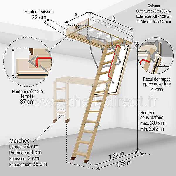 Echelle coupe feu 60min avec trappe de 70x130cm - Hauteur de 2.42 à 3.05m - LWF60/70130-305