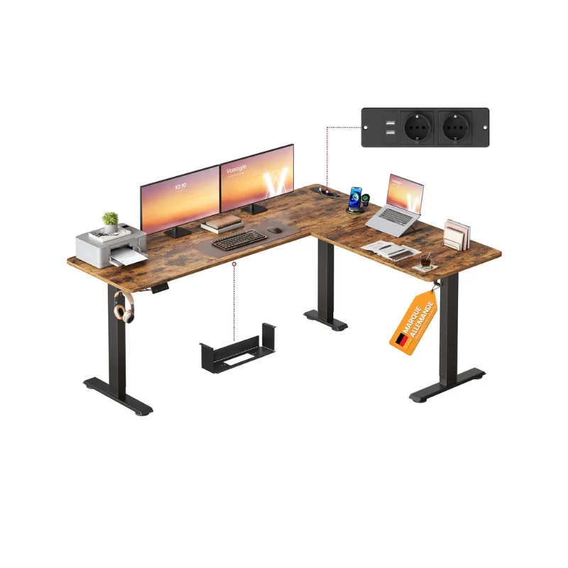Bureau d'angle L réglable en hauteur, 190 x 155 cm