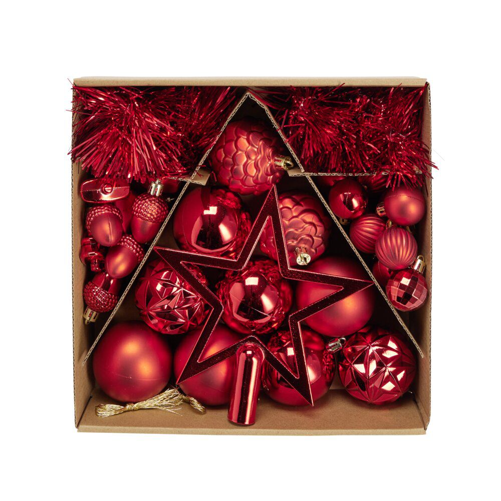 Kit décoration sapin de No&euml;l plastique rouge 40 pièces