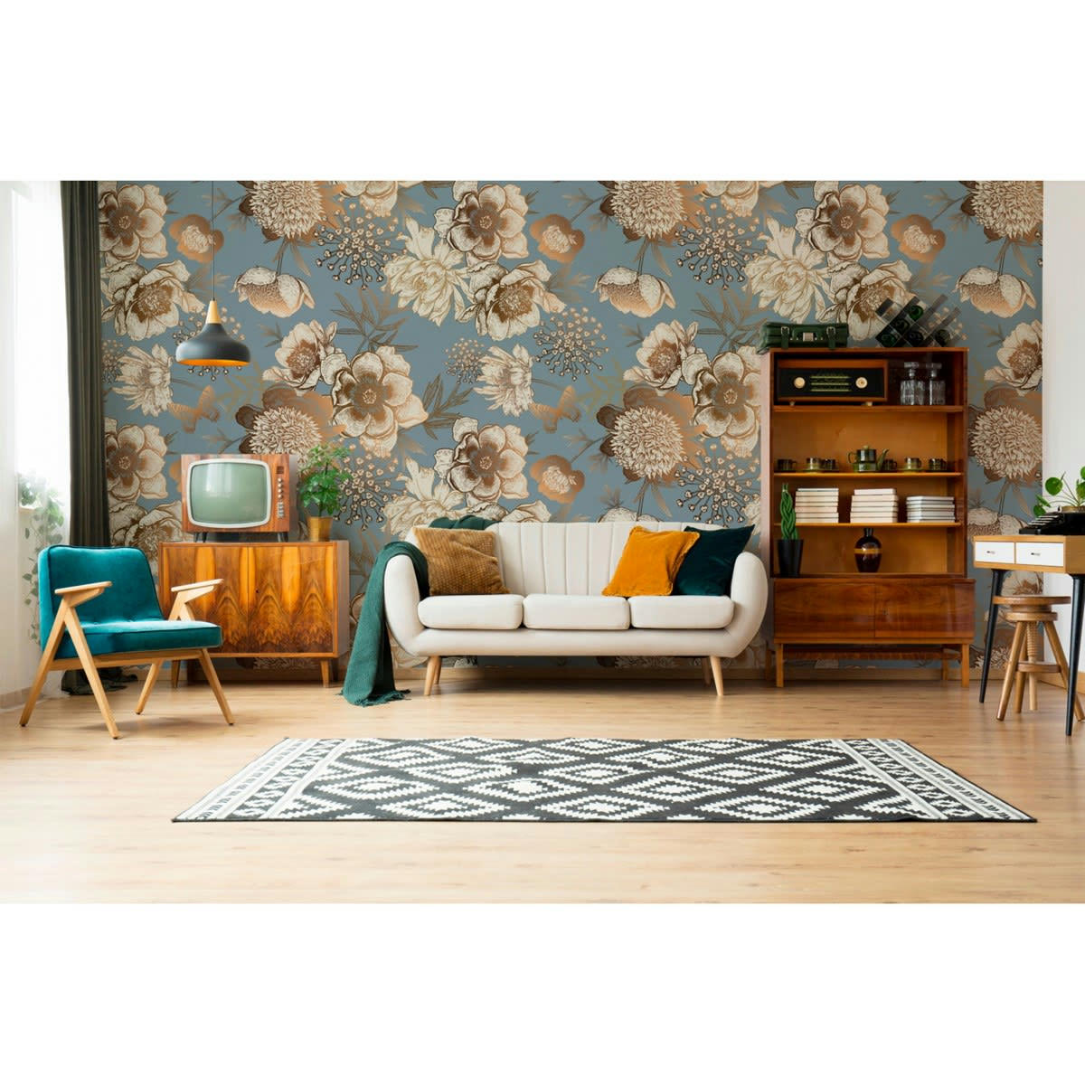 MADELEINE - Papier peint panoramique motif floral Bleu 336x280cm