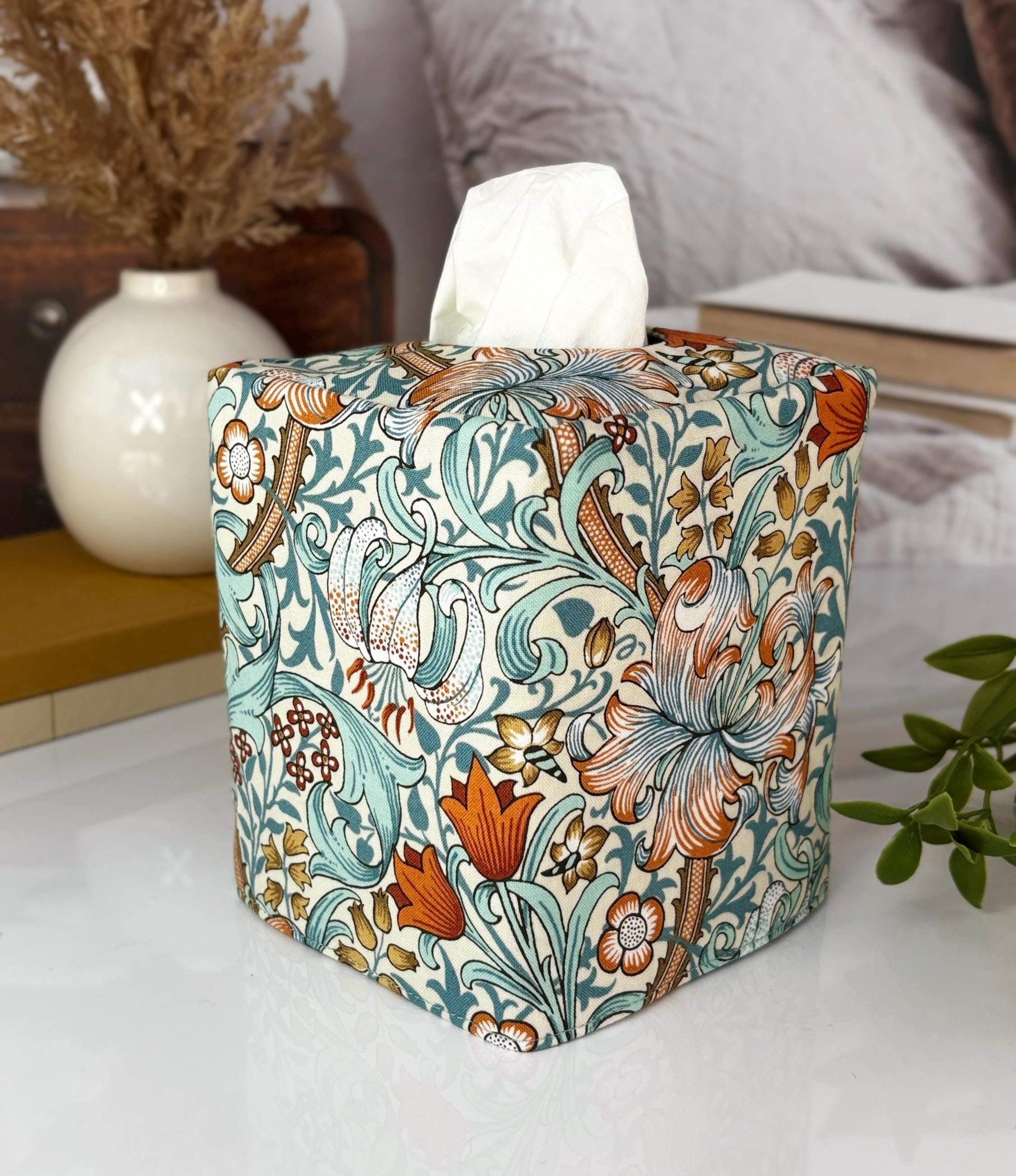 William Morris Strawberry Thief Aqua Tissue Box Cover | Reversible Fabric Floral Bird Decor | Handmade Cottage Home USA
