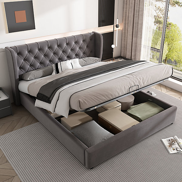 Lit 140x200 cm avec coffre et tête de lit capitonnée en velours gris, cadre bois et renfort métal