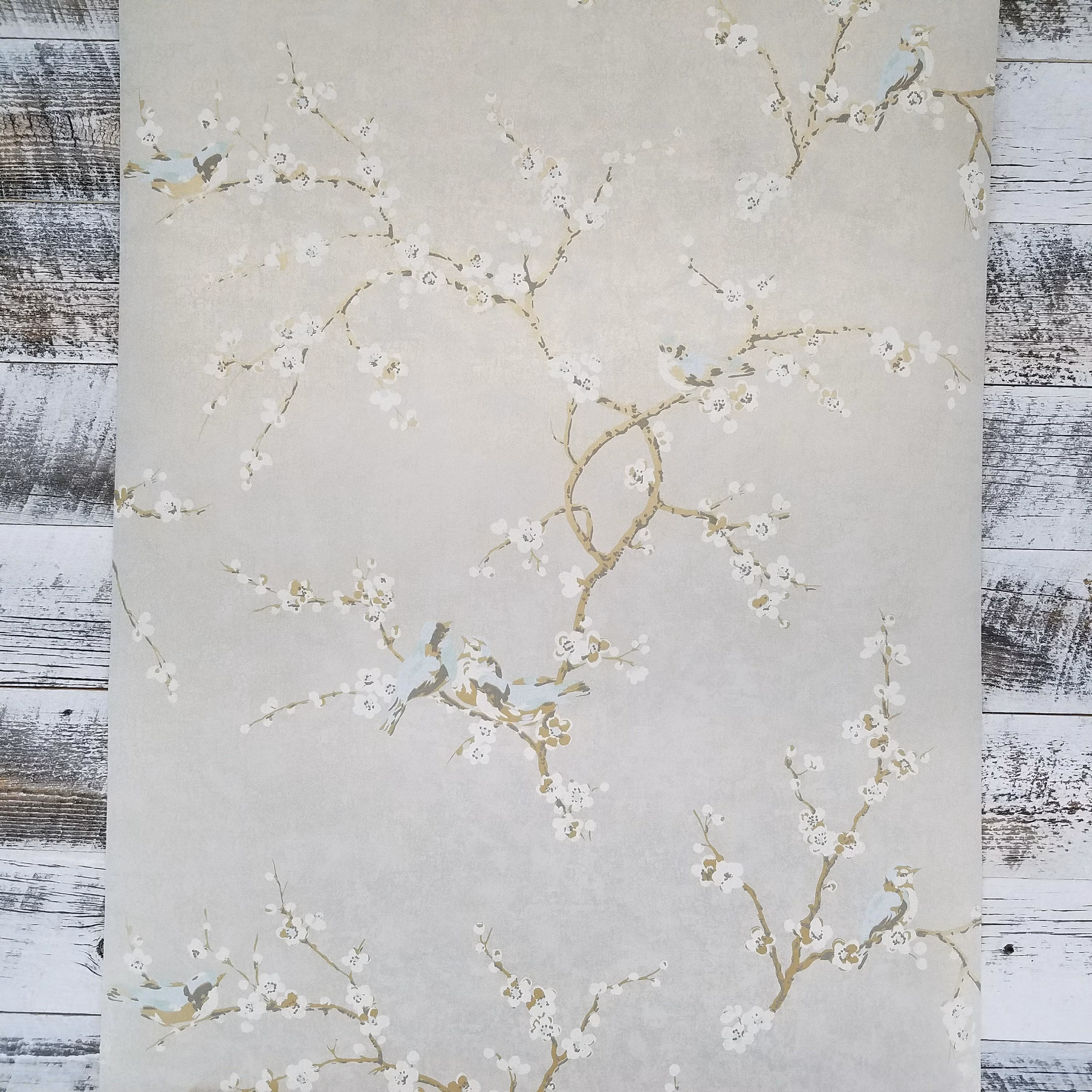 Birds and Blossoms on Silvery Gray Vintage Traditional Wallpaper HP0325