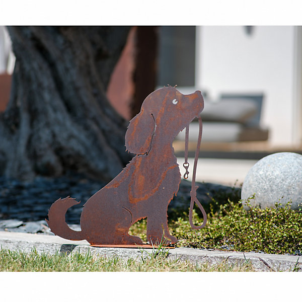 Chien avec laisse métal rouillé : Figurine décorative de jardin - Rouille