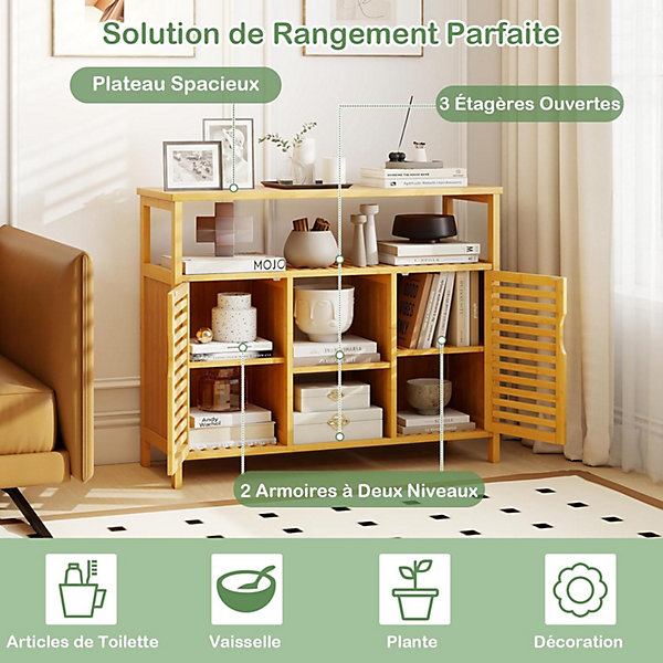 Meuble de Rangement de Salle de Bain, Autoportante en Bambou à 2 Portes avec Dispositif Anti-basculement.