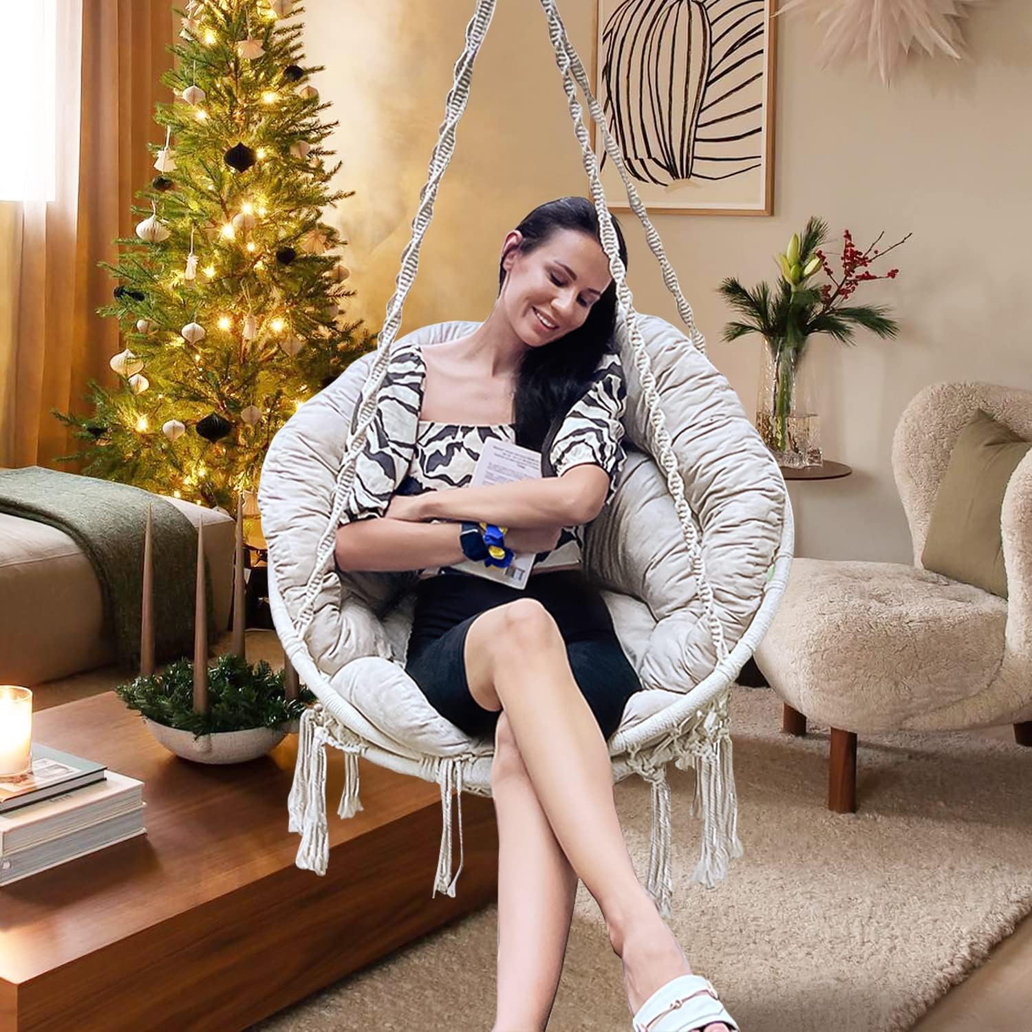 Hammock Chair with Cushion, Handmade Macrame Swing Chair with Hanging Hardware Kits, Bohemian Style Cotton Rope Hanging Chair for Bedroom Indoor Outdoor, Beige
