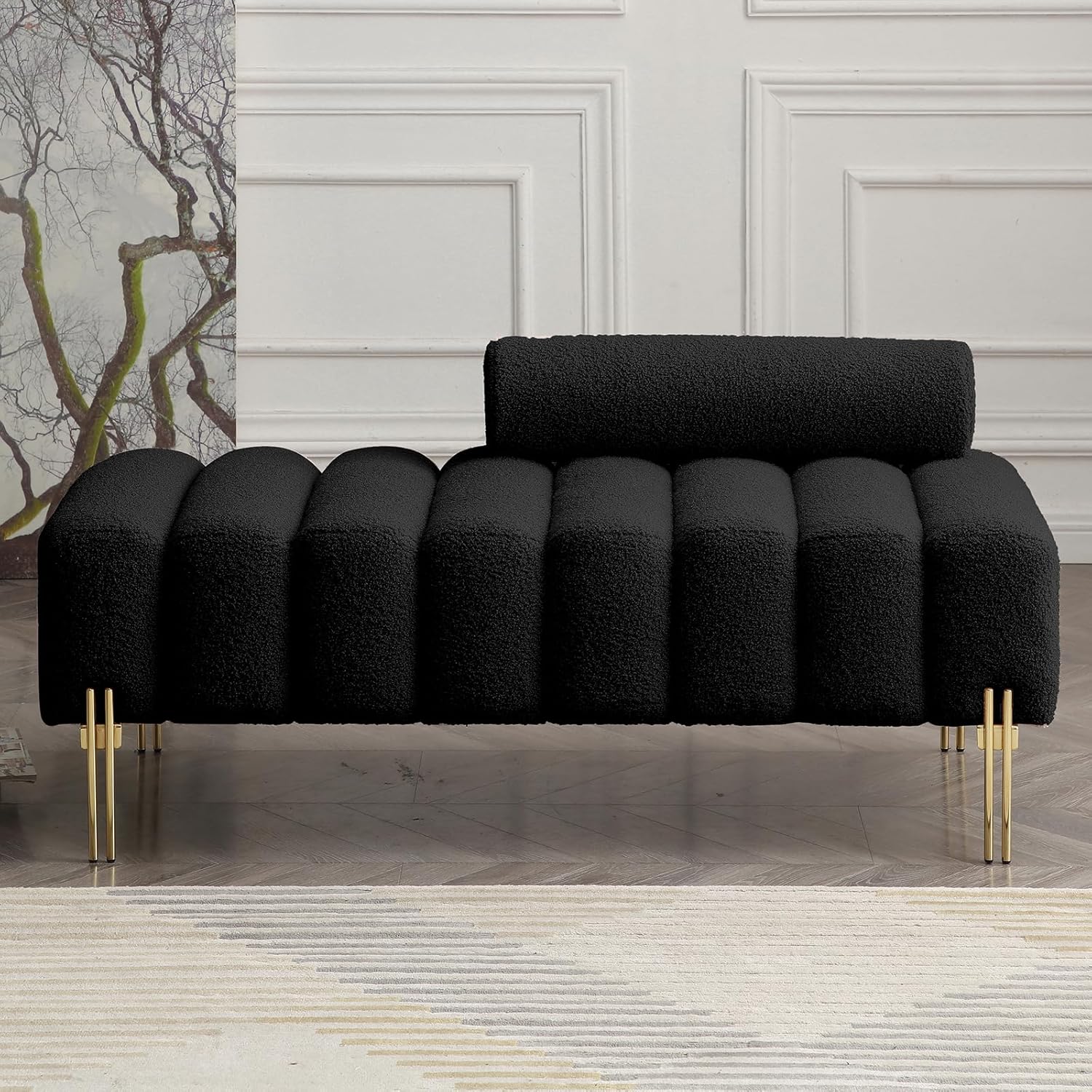 NIOIIKIT 53.2 Modern Loveseat Sofa Couch, Upholstered Accent Sofa with Golden Legs and Adjustable Backrest, Small Teddy Fleece Couches for Bedroom, Living Room, Compact Small Space (Black Teddy)