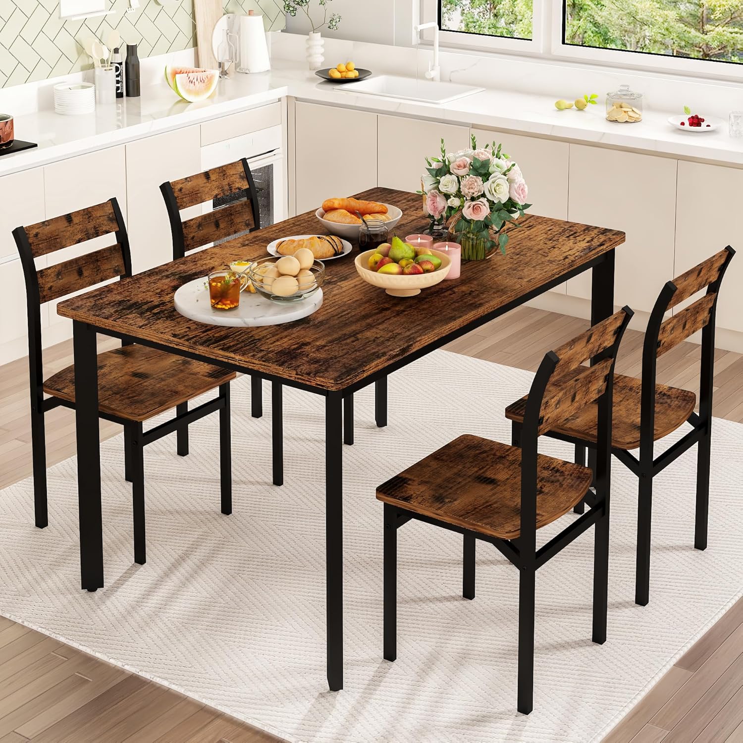 DKLGG Dining Room Table Set for 4 Farmhouse 5 Piece Dining Table Set, Small Kitchen Table Set for 4 for Kitchen and Dining, Apartment (Rustic Brown)