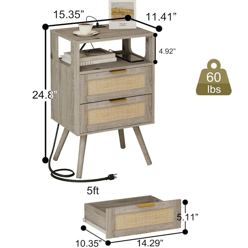 Rattan Nightstand with Chargers, Modern Nightstand with 2 Storage Drawers and Open Wooden Shelf