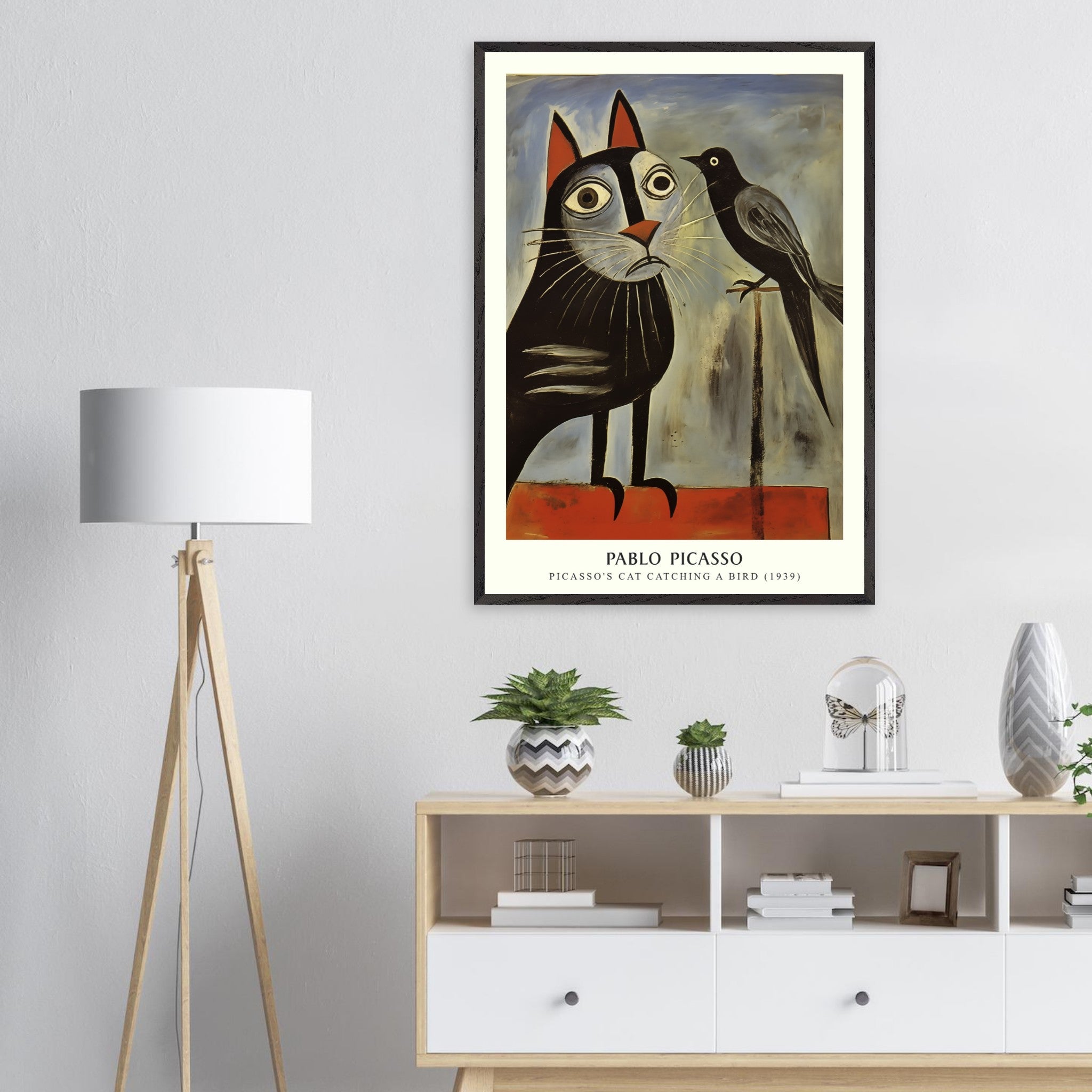 Artfulprints Poster Pablo Picasso - Picasso's cat catching a bird  - 70x100 cm - Grijs