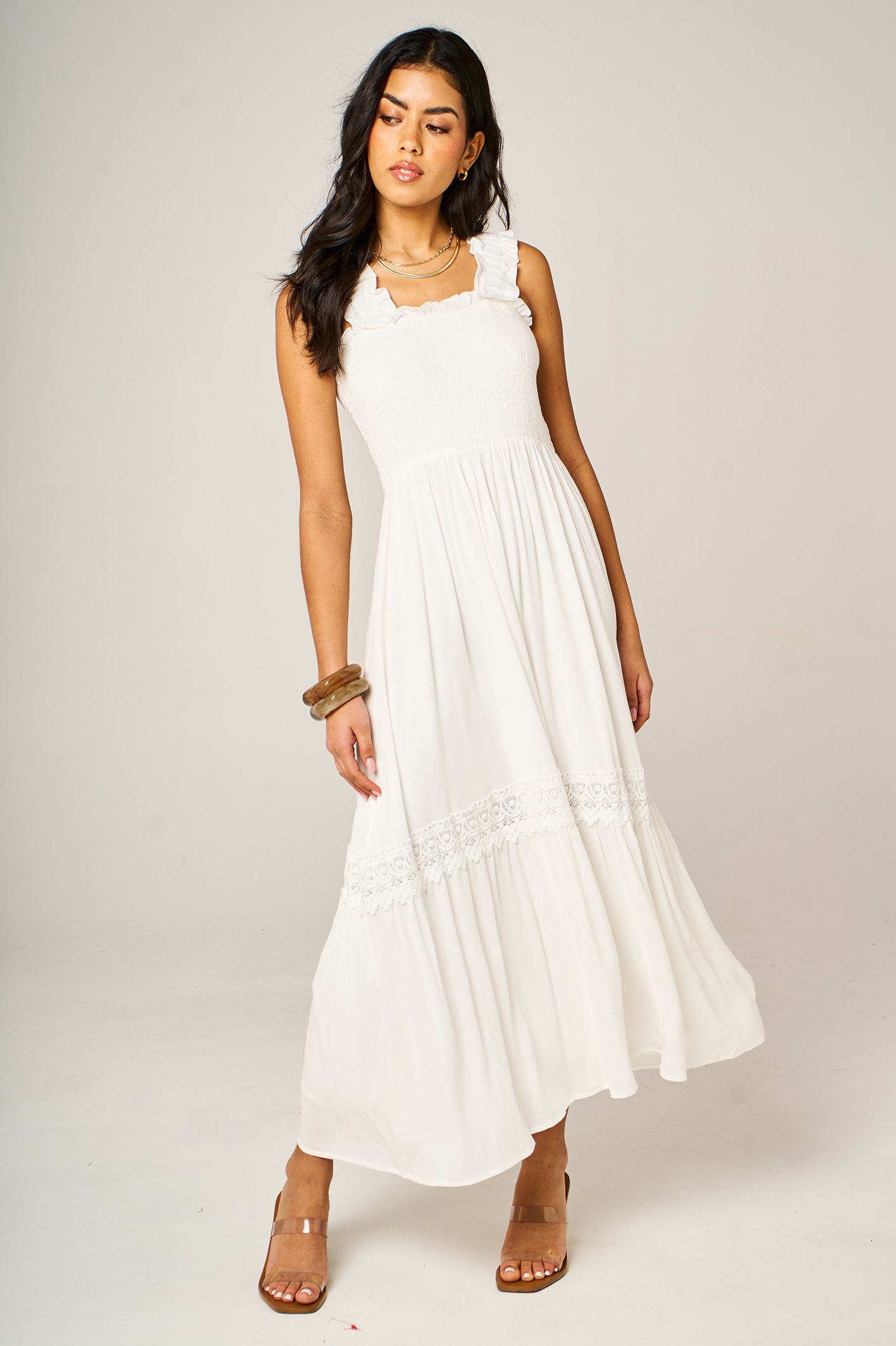 FS Collection Shirred Bodice Tiered Midi Dress with Lace Trim