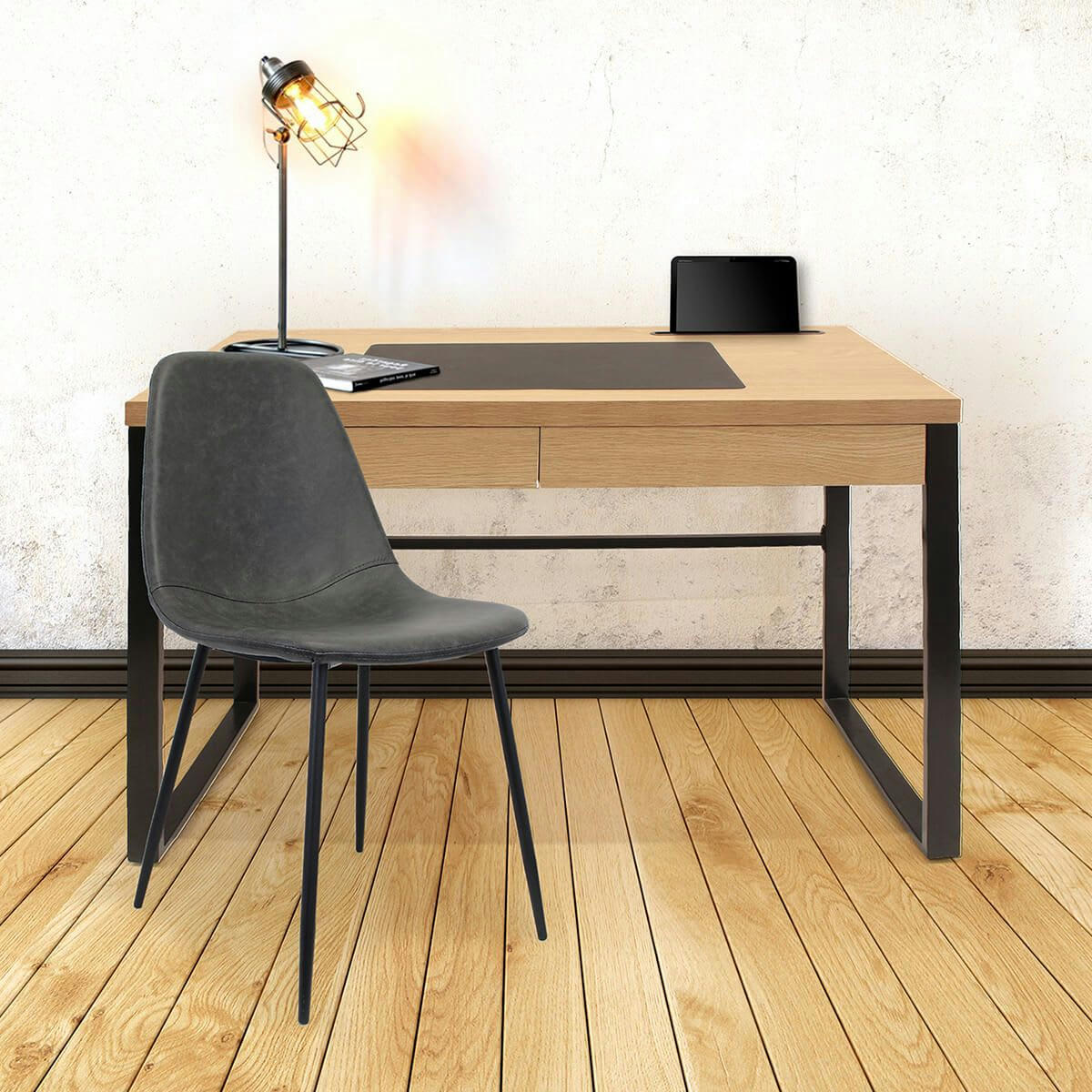 CALEB - Bureau  plateau effet bois et piètement noir