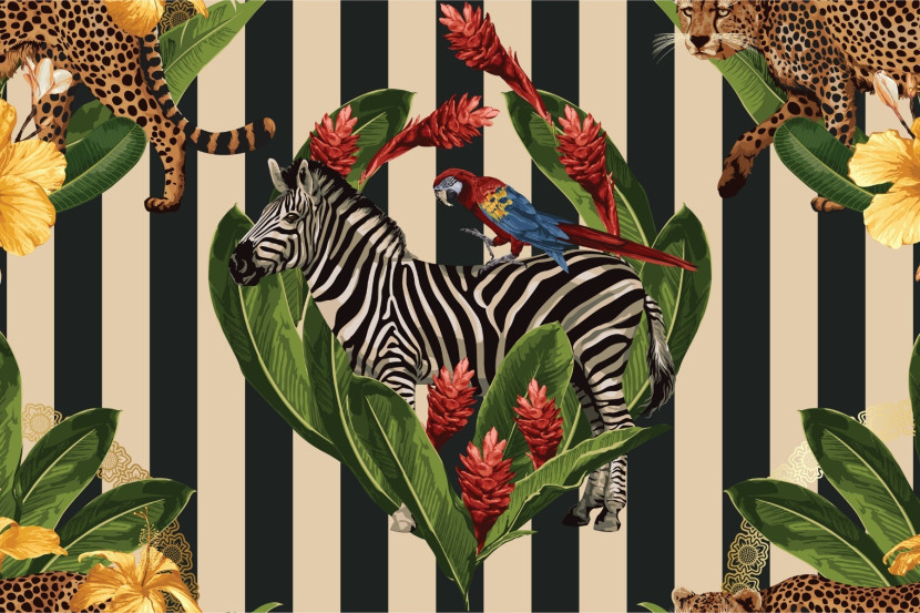 Fototapeta Ozdobna ZEBRA Kwiaty Liście 3D 90x60cm