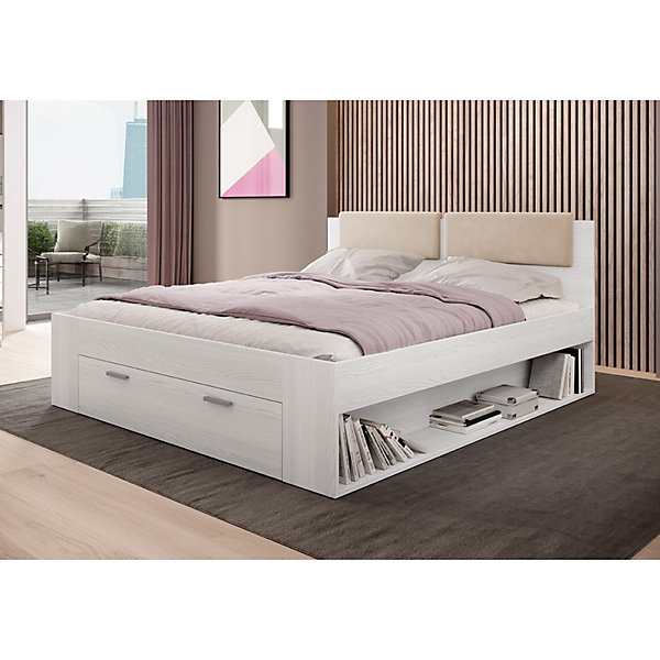 Lit adulte 180x200 avec tiroirs intégrés - Collection FLOYD, Coloris blanc effet bois