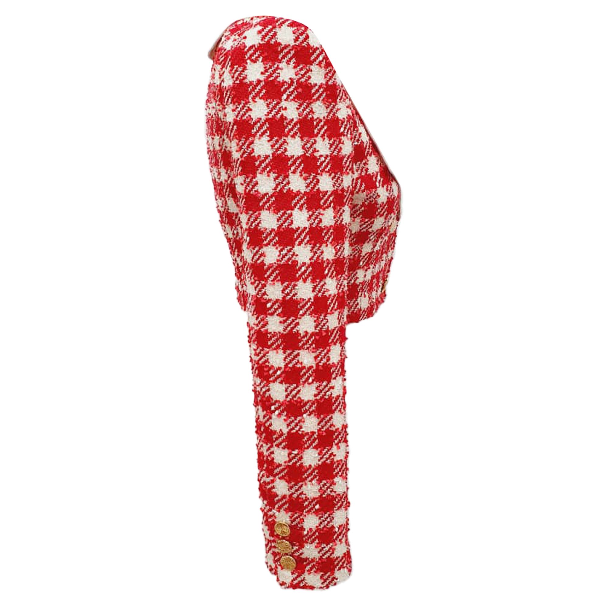 Alessandra Rich Preloved Checkered Tweed Cropped Jacket in Red Wool