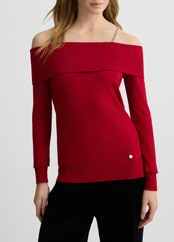 Maglia con scollo bardot e pietre gioiello