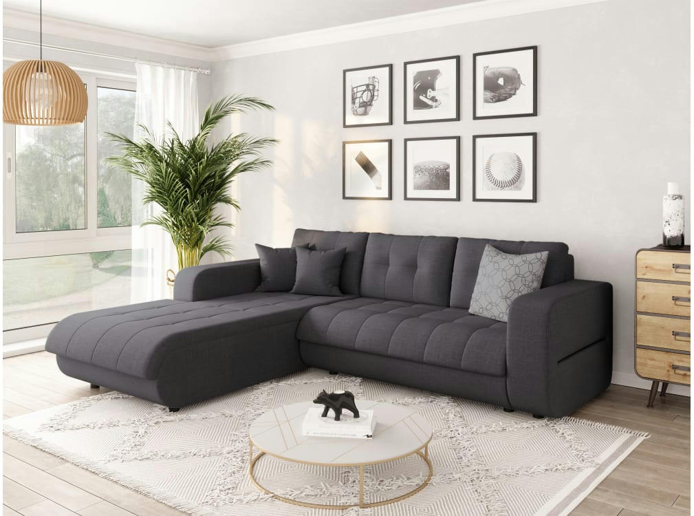 SUZIE - Canapé d'angle gauche convertible en tissu gris foncé