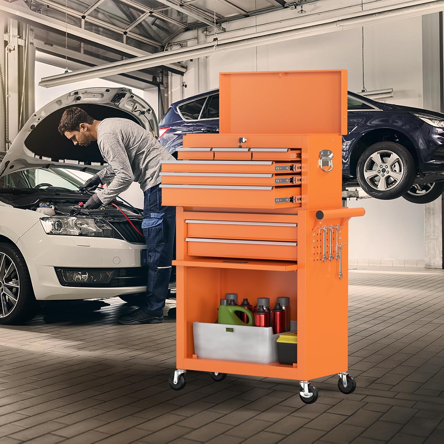 8-Drawer Rolling Tool Chest with Wheels, 2-in-1 Detachable Tool Box with Drawers and Large Cabinet, Rolling Tool Chest Storage Cabinet with Lockable for Warehouse, Garage, Workshop (Orange)