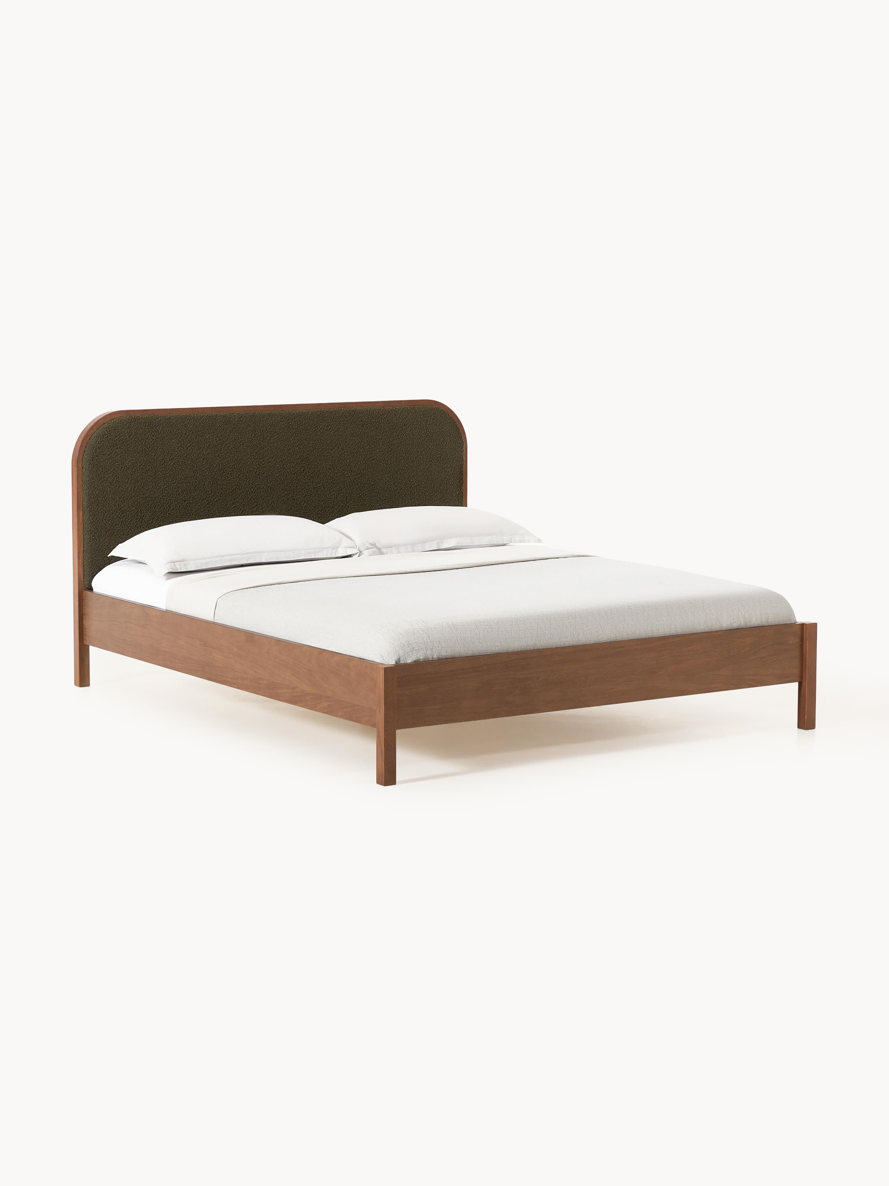 Holzbett Jones mit Kopfteil aus Bouclé