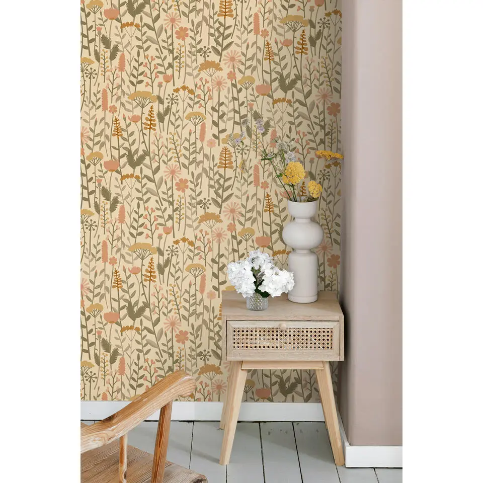 ESTAhome behang veldbloemen geel, oranje en groen - 50 x 900 cm