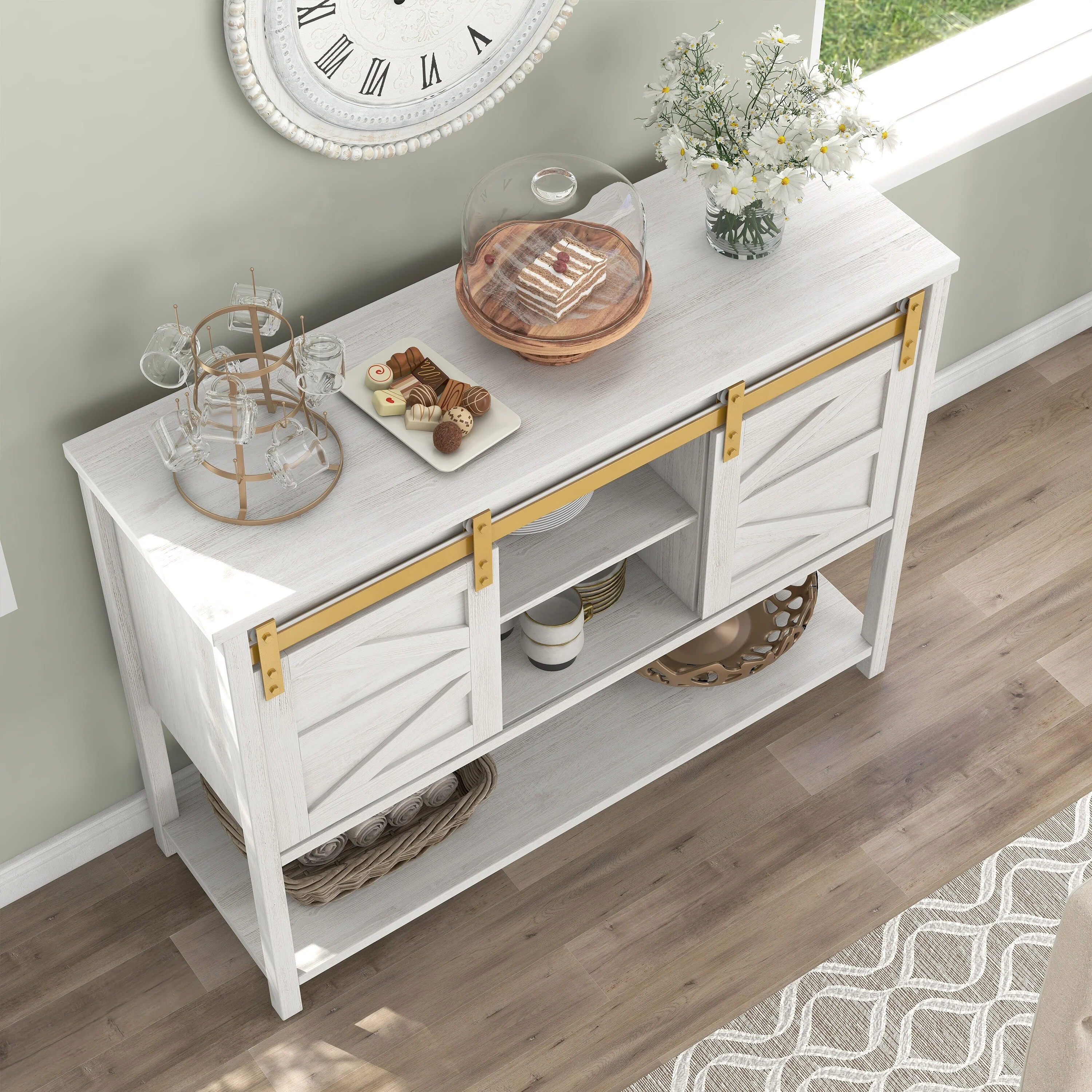 DH BASIC Modern Farmhouse White Oak 47 4-shelf Buffet by Denhour